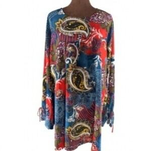 Nygard Tunic Top Women's XL Multicolor Paisley Retro Long Sleeve Tie Cuffs EUC